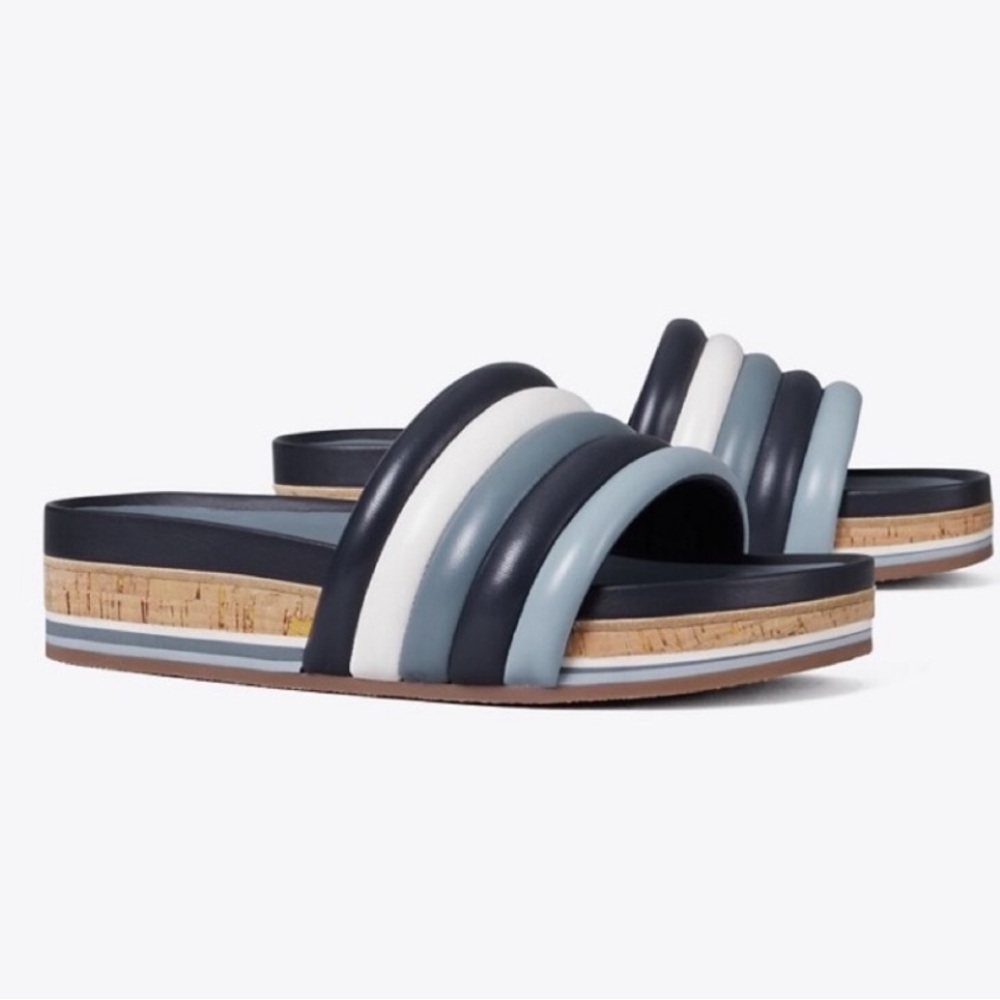 Tory Burch Quilted Platform Slides Sandal Blue 6.5